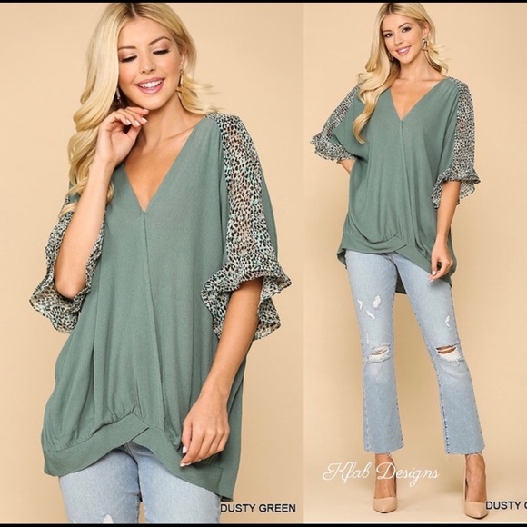 KFab Designs Tops - Sage Green Leopard Detail Surplice Front Twist Top